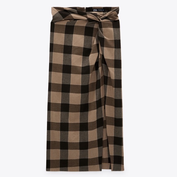 Zara Plaid Wrap Skirt Thigh Split Black Tan Check - Picture 9 of 9